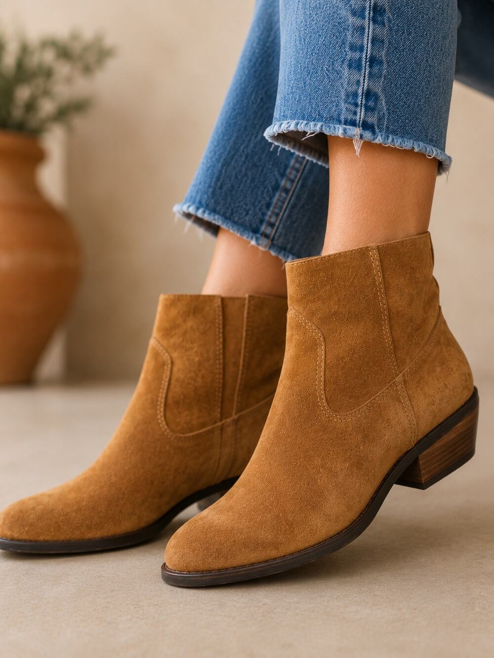 Dolce Vita SZ 9 Suede Booties Caramel Camel Brown Pull On Style 1 1/2" Heel